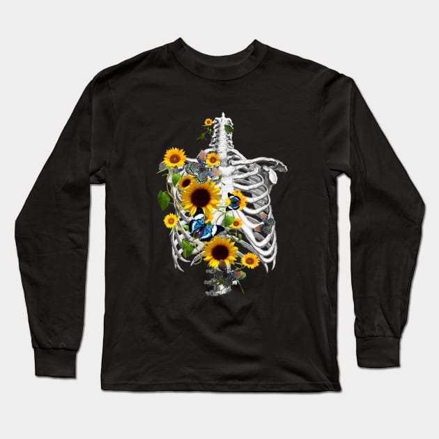 Botanical human skeleton art, Rib cage and flowers, sunflowers and butterflies ribcage Long Sleeve T-Shirt by Collagedream